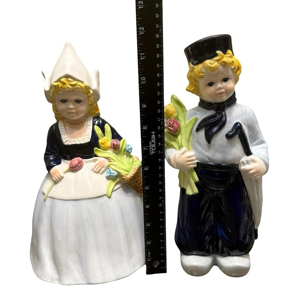 Delft Blue Hand Painted Dutch Girl & Boy Figurines 12" Vintage White & Blue - Picture 11 of 11